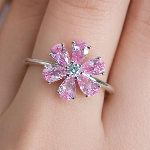 Eastons Sterling silver pink gemstone flower ring with petal stones on a finger