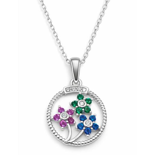 Sterling Silver 925 Round Flower Gem Set Pendant & Necklace