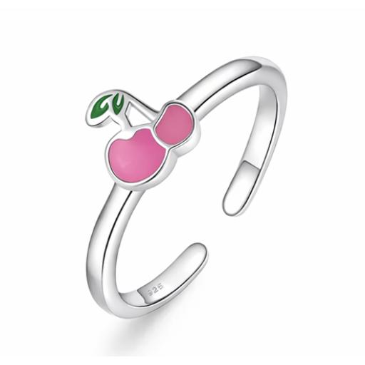 Sterling Silver 925 Cherries Pink or Red Ring - Adjustable