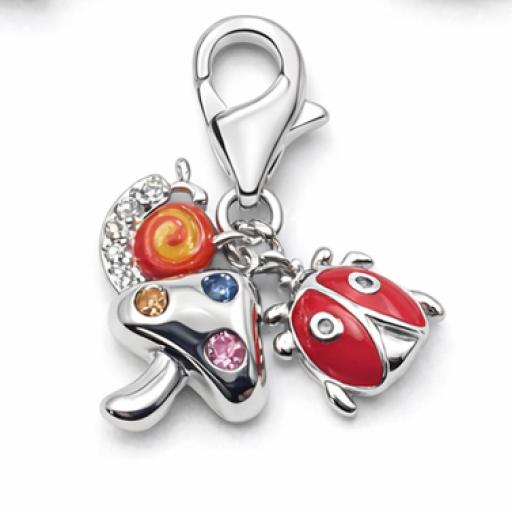 Sterling Silver 925 Enamel & Gem Set Triple Charm, Ladybird, Mushroom & Snail