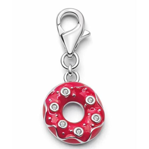 Sterling Silver 925 Pink Enamel & Gem Set Donut Charm
