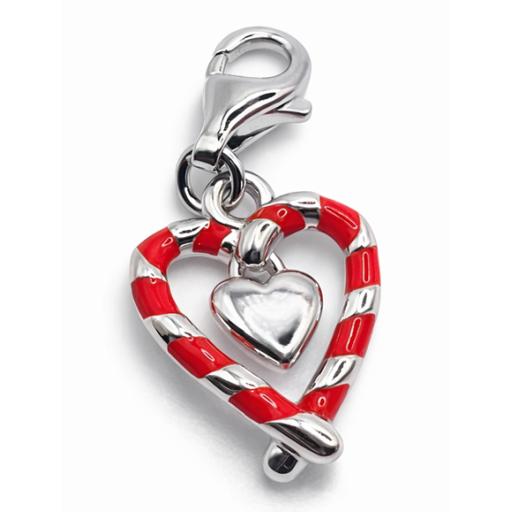 Sterling Silver 925 Heart Candy Cane Charm - Lobster Clasp