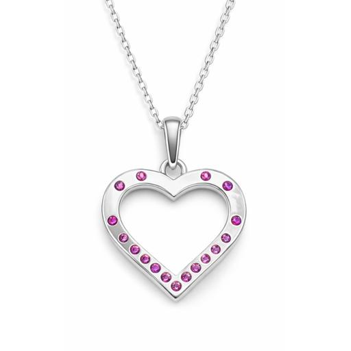 Sterling Silver 925 Open Heart Pink Gem Set Pendant & Necklace