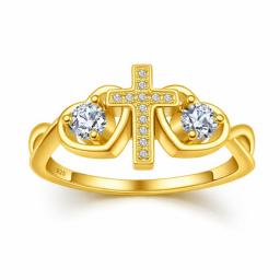 Eastons Gold overlay double hearts and cross ring with clear round CZ stones