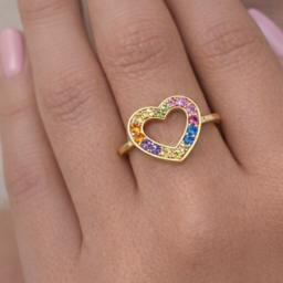 Eastons Gold overlay open heart ring on finger with 16 multicolour round‑cut stones