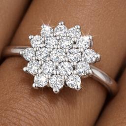 cluster moissanite ring on models finger clear