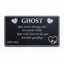 Back of engraved pet memory card showing pre‑engraved verse and scratch‑resistant finish.
