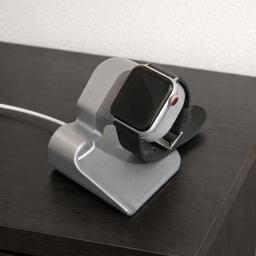 Compact 3D printed Apple Watch dock for Nightstand Mode, shown in silver finish
