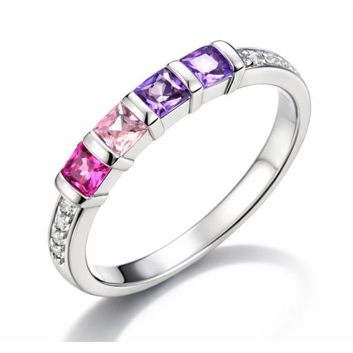 Sterling Silver 925 Multicoloured Pink & Purple Gem‑Set Ring
