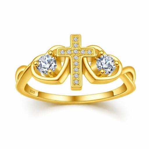 Eastons Gold overlay double hearts and cross ring with clear round CZ stones