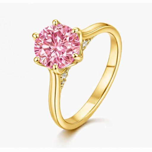 Eastons Gold overlay 2ct pink moissanite solitaire ring with round brilliant centre stone and side stones