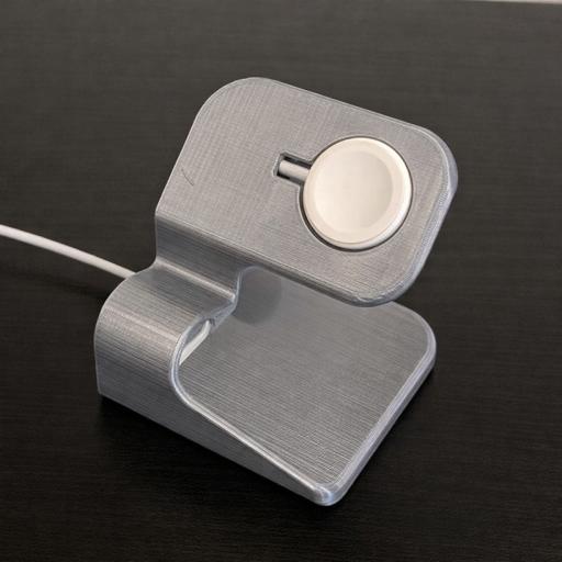 Side view of the Apple Watch charging stand showing cable slot and upright display angle.
