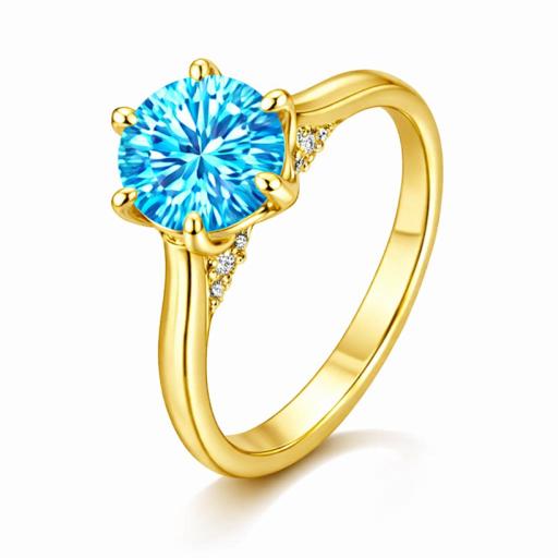 Eastons Gold overlay 2ct sea blue moissanite solitaire ring with round brilliant centre stone and side stones