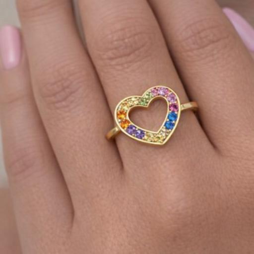 Eastons Gold overlay open heart ring on finger with 16 multicolour round‑cut stones