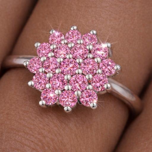 cluster moissanite ring on models finger pink