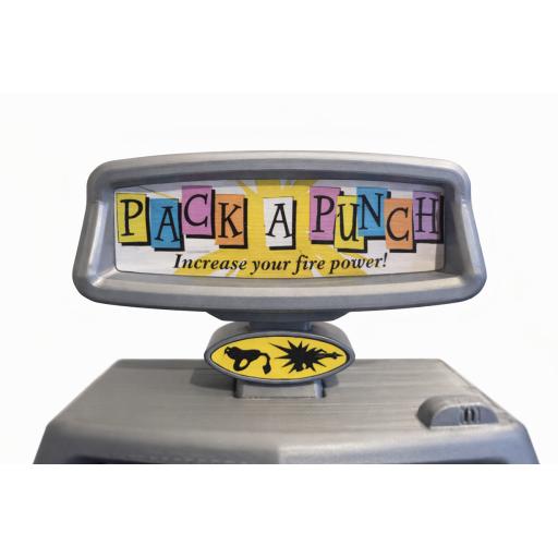 Front angle of the Pack‑A‑Punch 3D printed model with sticker artwork applied.