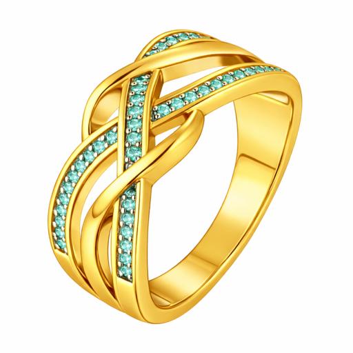 Eastins Gold overlay chunky criss cross ring with sea blue round brilliant Moissanite stones