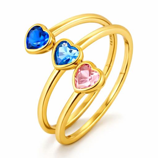 Eastons Gold overlay triple heart‑cut ring with blue, aqua blue and pink CZ stones