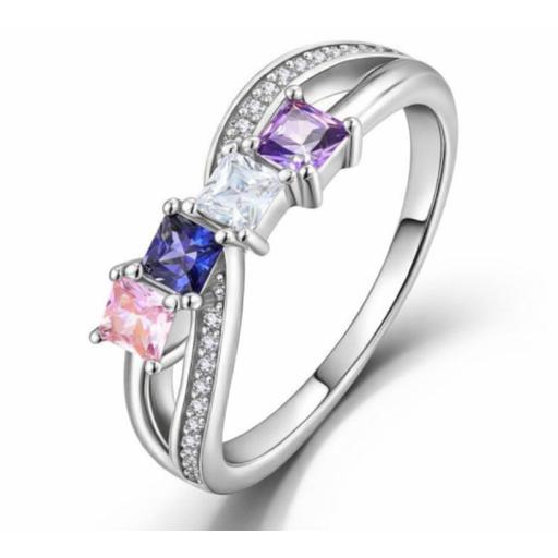Sterling Silver 925 Multicoloured Gem‑Set Criss Cross Ring