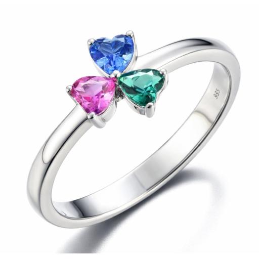 Sterling Silver 925 Multicoloured Gem‑Set Triple Heart Flower Ring